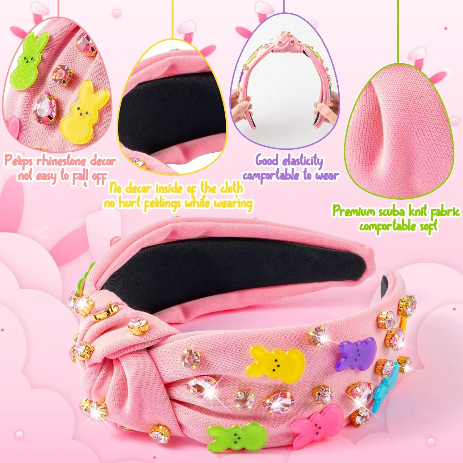 PANTIDE Easter Bunny Jeweled Knotted Headband - Peeps Rabbits Rhinestone Crystal Embellished Headband Wide Top Knot Fashion Hairband Hair Accessories Easter Spring Birthday Gift for Women Girls (Pink)