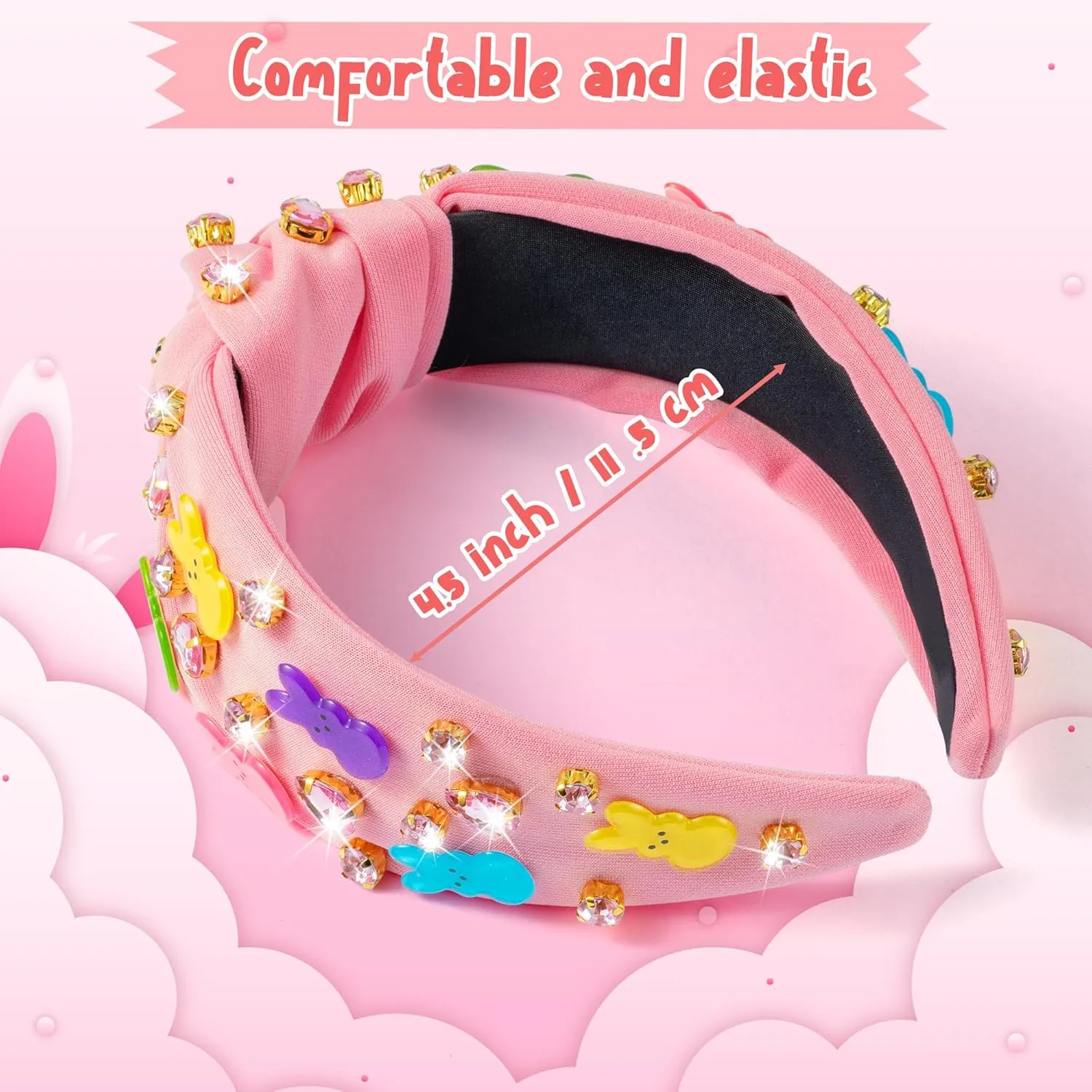 PANTIDE Easter Bunny Jeweled Knotted Headband - Peeps Rabbits Rhinestone Crystal Embellished Headband Wide Top Knot Fashion Hairband Hair Accessories Easter Spring Birthday Gift for Women Girls (Pink)