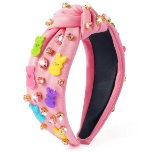 PANTIDE Easter Bunny Jeweled Knotted Headband - Peeps Rabbits Rhinestone Crystal Embellished Headband Wide Top Knot Fashion Hairband Hair Accessories Easter Spring Birthday Gift for Women Girls (Pink)