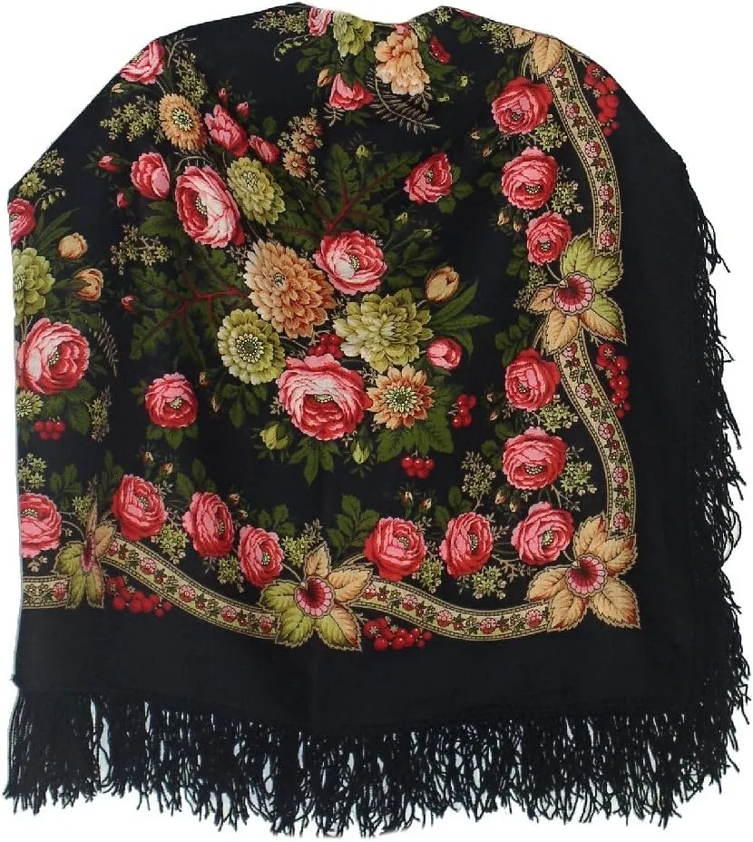 Pavlovo Posad Wool Shawl for Women with Silk Fringe 50x50'' (125x125 cm) 100% Wool Scarf for Women, Wrap, Fashion Scarves