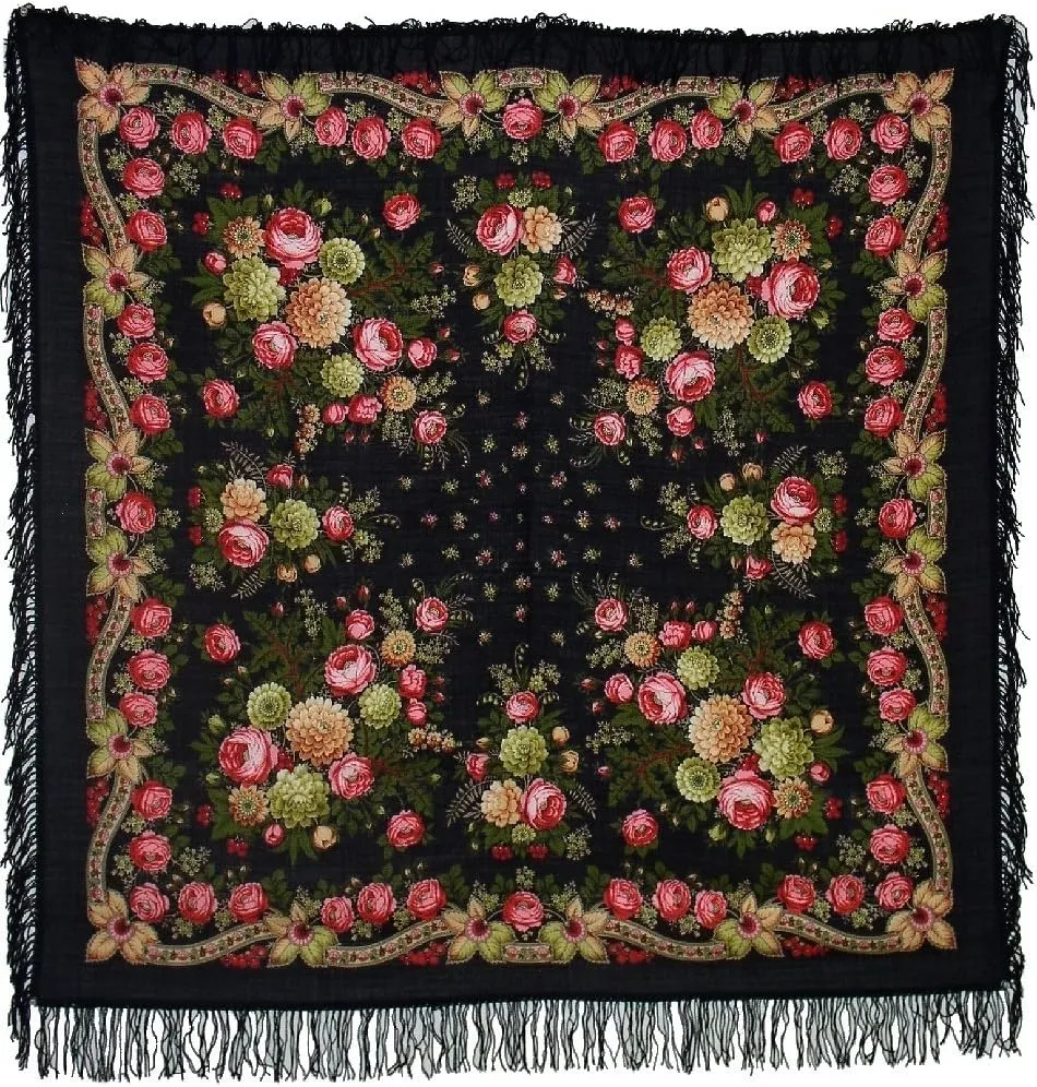 Pavlovo Posad Wool Shawl for Women with Silk Fringe 50x50'' (125x125 cm) 100% Wool Scarf for Women, Wrap, Fashion Scarves