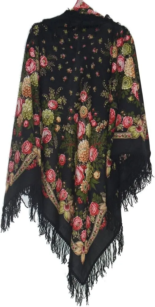 Pavlovo Posad Wool Shawl for Women with Silk Fringe 50x50'' (125x125 cm) 100% Wool Scarf for Women, Wrap, Fashion Scarves