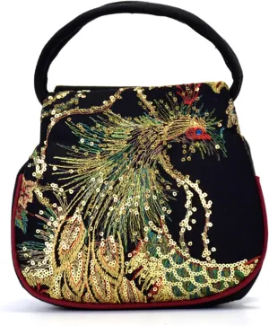 Peafowl Embroidery Satchel for Women Canvas Ethnic Sequins Handbag Retro 2 compartments Purse，bag2126OWOISS
