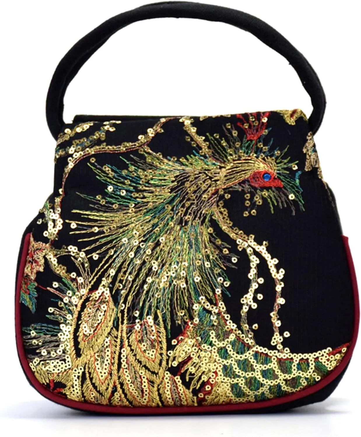Peafowl Embroidery Satchel for Women Canvas Ethnic Sequins Handbag Retro 2 compartments Purse，bag2126OWOISS