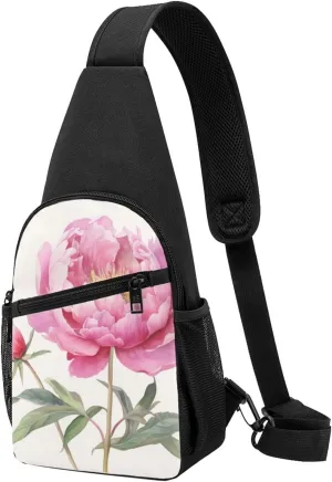 Peony Art Printed Chest Bag Chest Shoulder Crossbody Bag for Men Women Travel Chest Pack Hiking Shoulder Bags, Black, One Size, Hiking Backpack