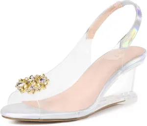 Perphy Rhinestone Clear Wedge Heel Slingback Sandal for Women
