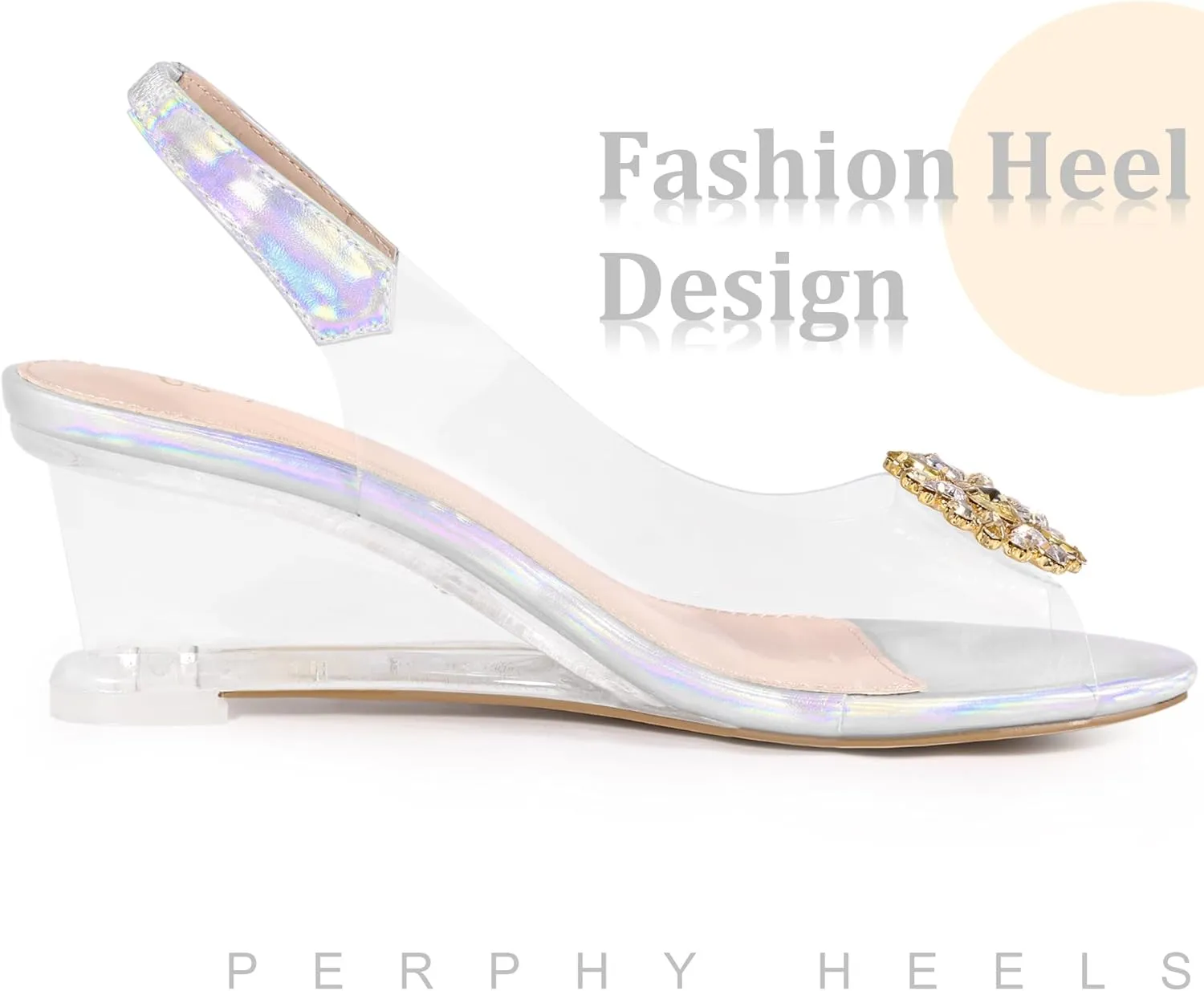 Perphy Rhinestone Clear Wedge Heel Slingback Sandal for Women