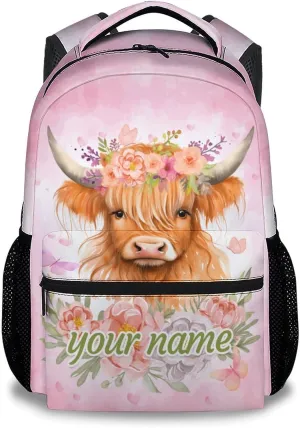 Personalized Backpack for Girls Boys, 17 Inch Highland Cow Backpacks for Kindergarten Preschool, Pink Cute Durable Bookbag for Kids