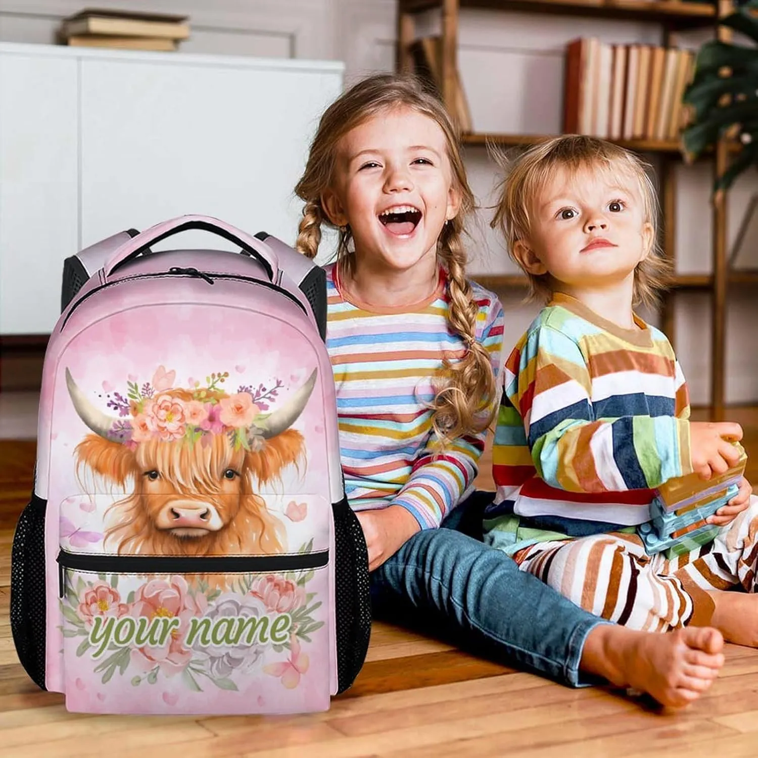 Personalized Backpack for Girls Boys, 17 Inch Highland Cow Backpacks for Kindergarten Preschool, Pink Cute Durable Bookbag for Kids