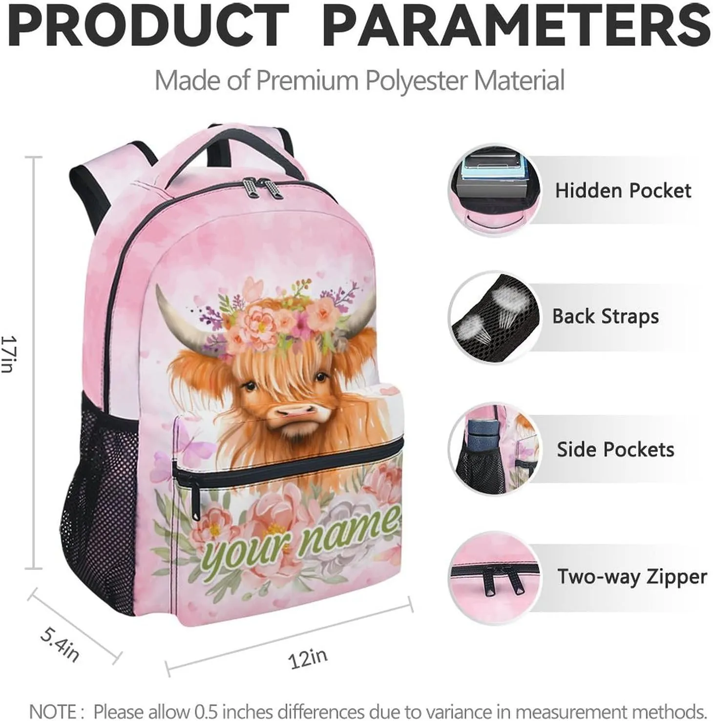 Personalized Backpack for Girls Boys, 17 Inch Highland Cow Backpacks for Kindergarten Preschool, Pink Cute Durable Bookbag for Kids