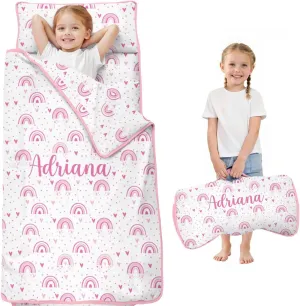 Personalized Boho Rainbow Toddler Nap Mat with Pillow and Blanket, Custom Name Kids Sleeping Bag for Daycare Preschool, Napping Mats for Girls, Kids Slumber Bags Sleep Padded Easy Roll Up