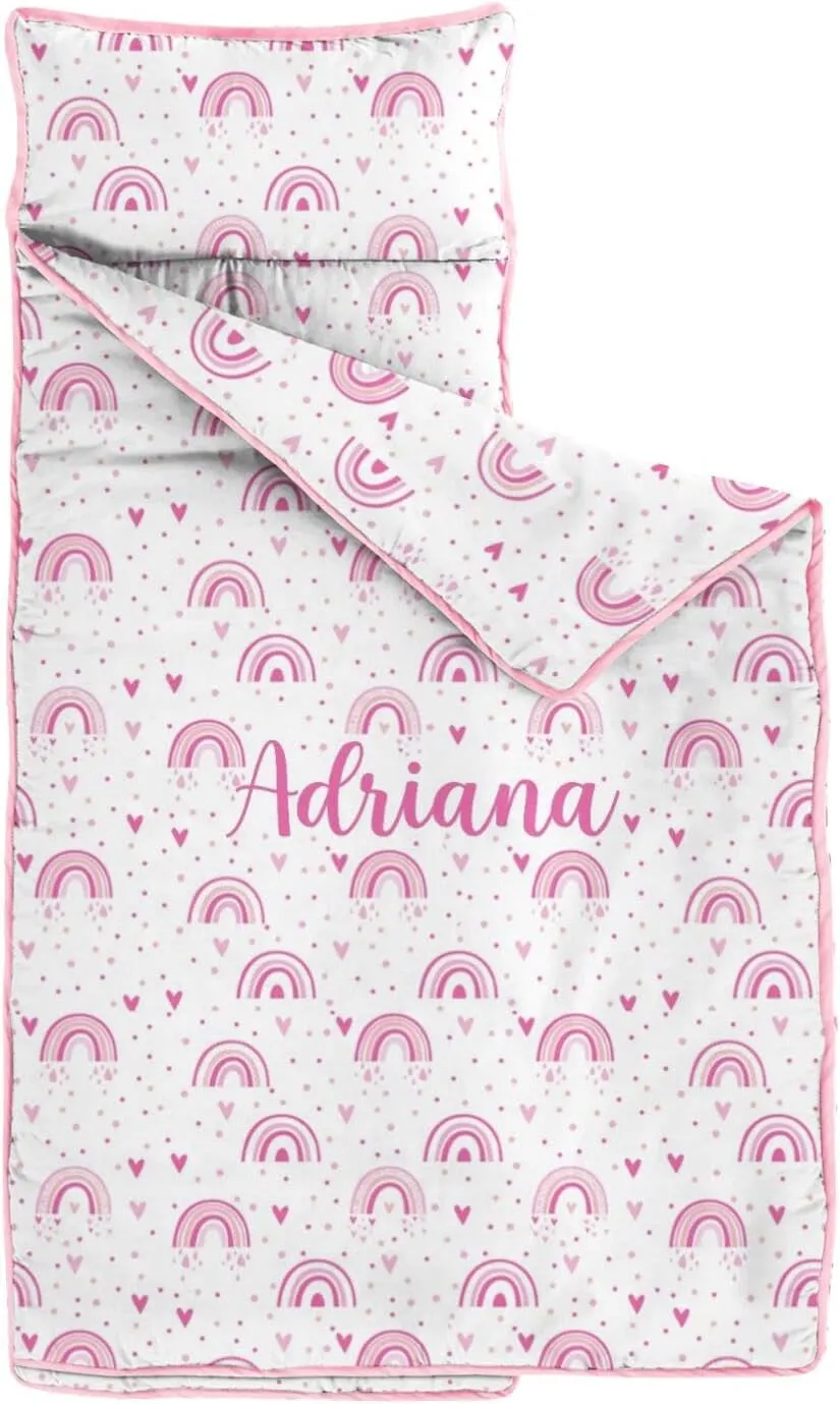Personalized Boho Rainbow Toddler Nap Mat with Pillow and Blanket, Custom Name Kids Sleeping Bag for Daycare Preschool, Napping Mats for Girls, Kids Slumber Bags Sleep Padded Easy Roll Up