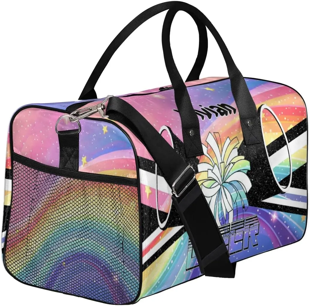 Personalized Cheerleader Cheer Bag Sport Duffel Bag with Name for Cheerleaders Customized Travel Overnight Weekender Bags, Colorful Rainbow Bags