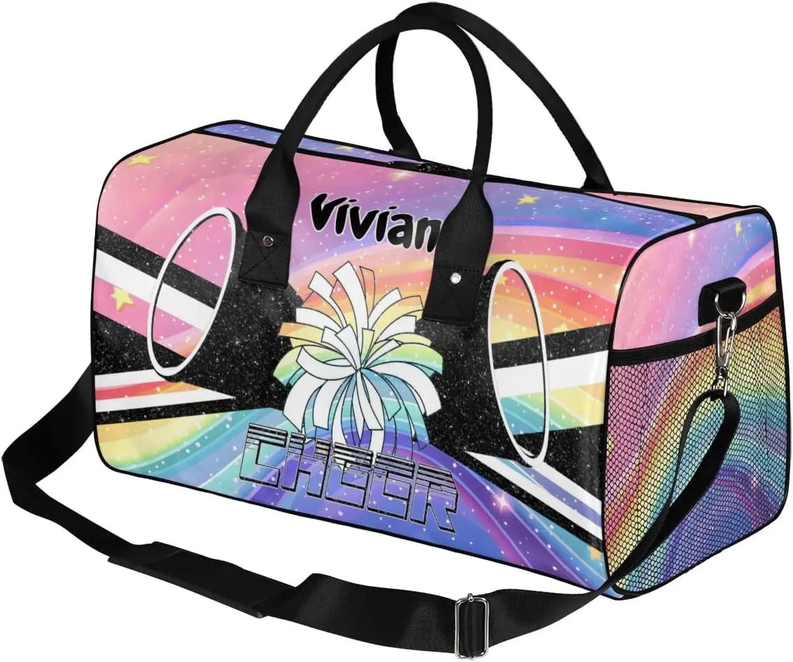 Personalized Cheerleader Cheer Bag Sport Duffel Bag with Name for Cheerleaders Customized Travel Overnight Weekender Bags, Colorful Rainbow Bags