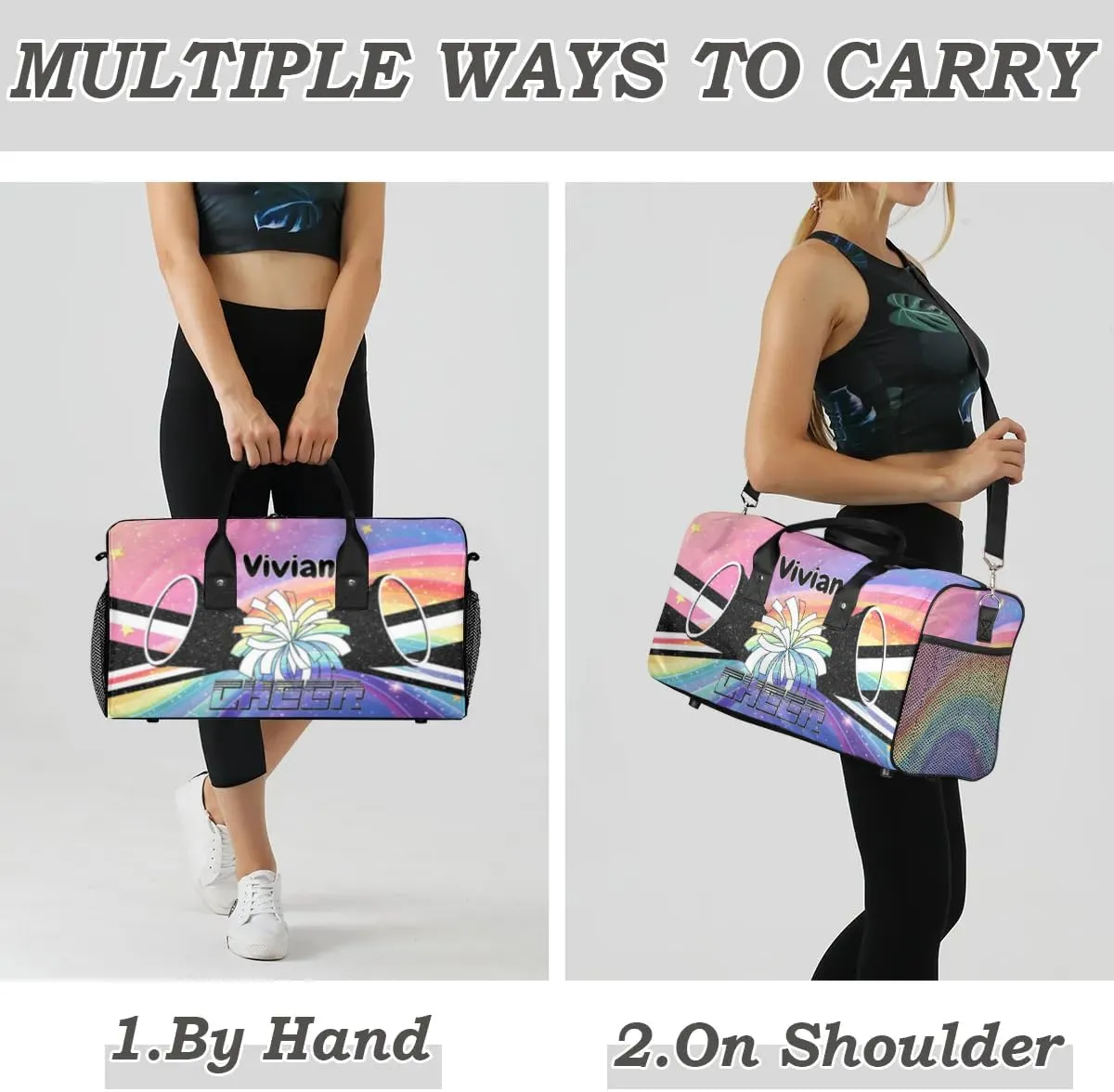Personalized Cheerleader Cheer Bag Sport Duffel Bag with Name for Cheerleaders Customized Travel Overnight Weekender Bags, Colorful Rainbow Bags