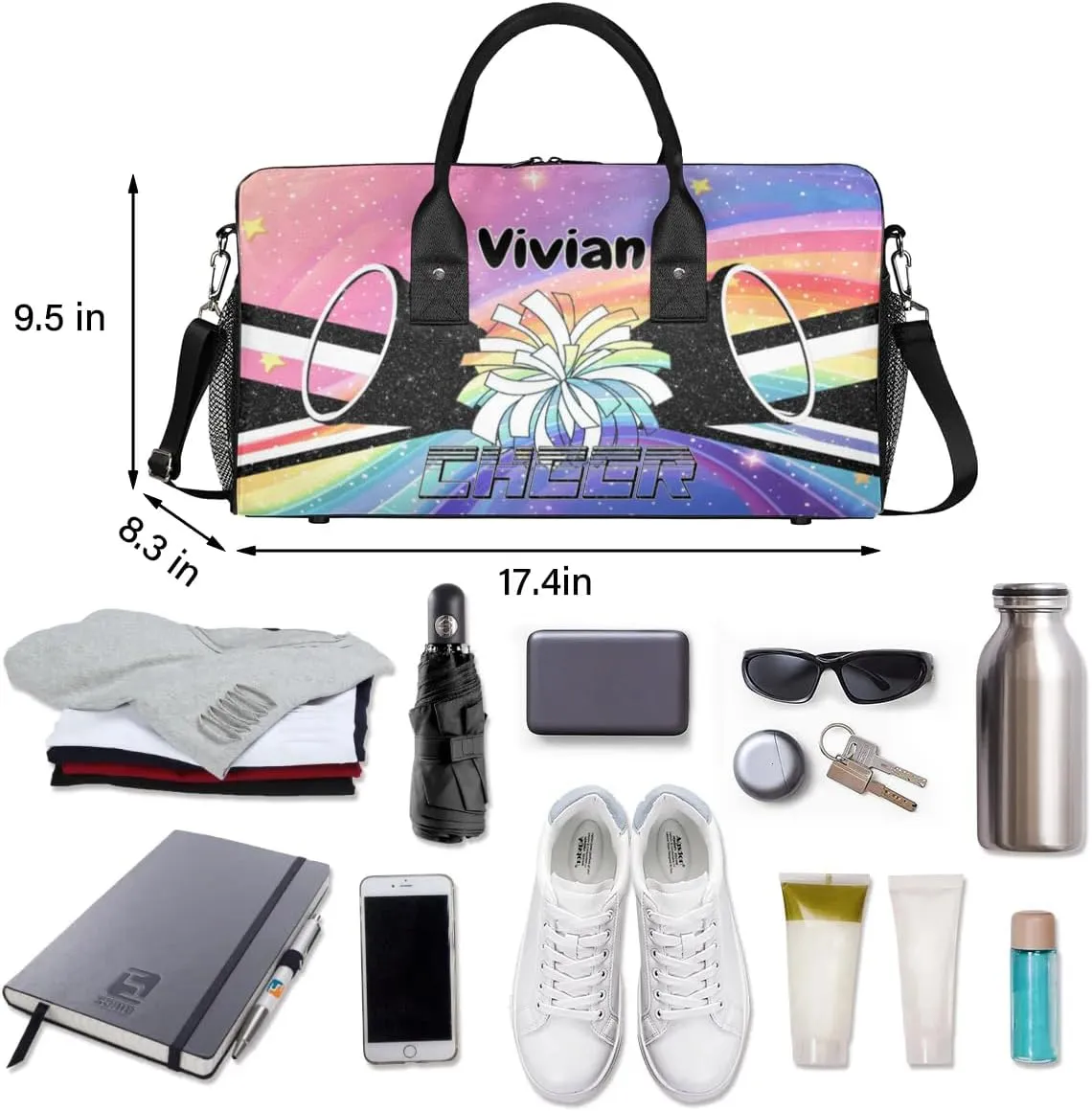 Personalized Cheerleader Cheer Bag Sport Duffel Bag with Name for Cheerleaders Customized Travel Overnight Weekender Bags, Colorful Rainbow Bags