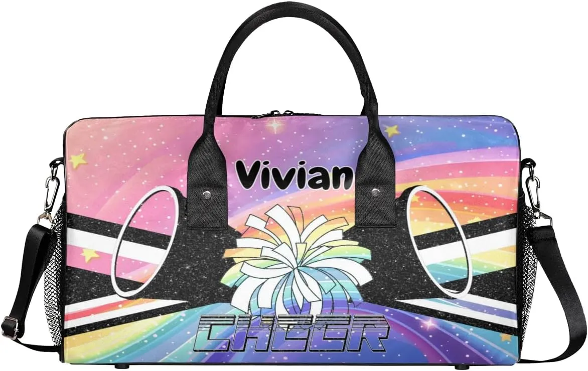 Personalized Cheerleader Cheer Bag Sport Duffel Bag with Name for Cheerleaders Customized Travel Overnight Weekender Bags, Colorful Rainbow Bags