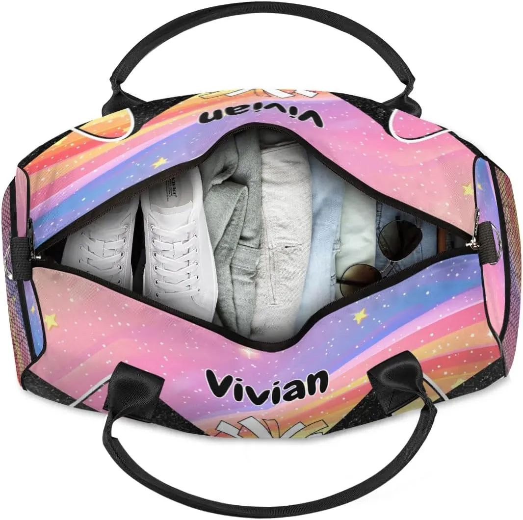 Personalized Cheerleader Cheer Bag Sport Duffel Bag with Name for Cheerleaders Customized Travel Overnight Weekender Bags, Colorful Rainbow Bags