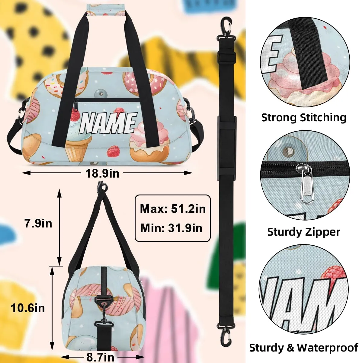 Personalized Custom Gym Bag for Women Men Carry on Donut Ice Cream Travel Duffel Tote Colorful Cupcake Overnight Workout Weekender Bag