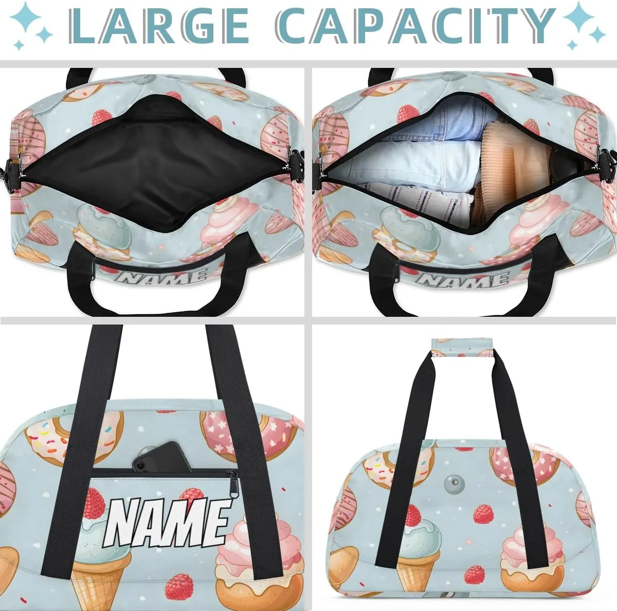 Personalized Custom Gym Bag for Women Men Carry on Donut Ice Cream Travel Duffel Tote Colorful Cupcake Overnight Workout Weekender Bag