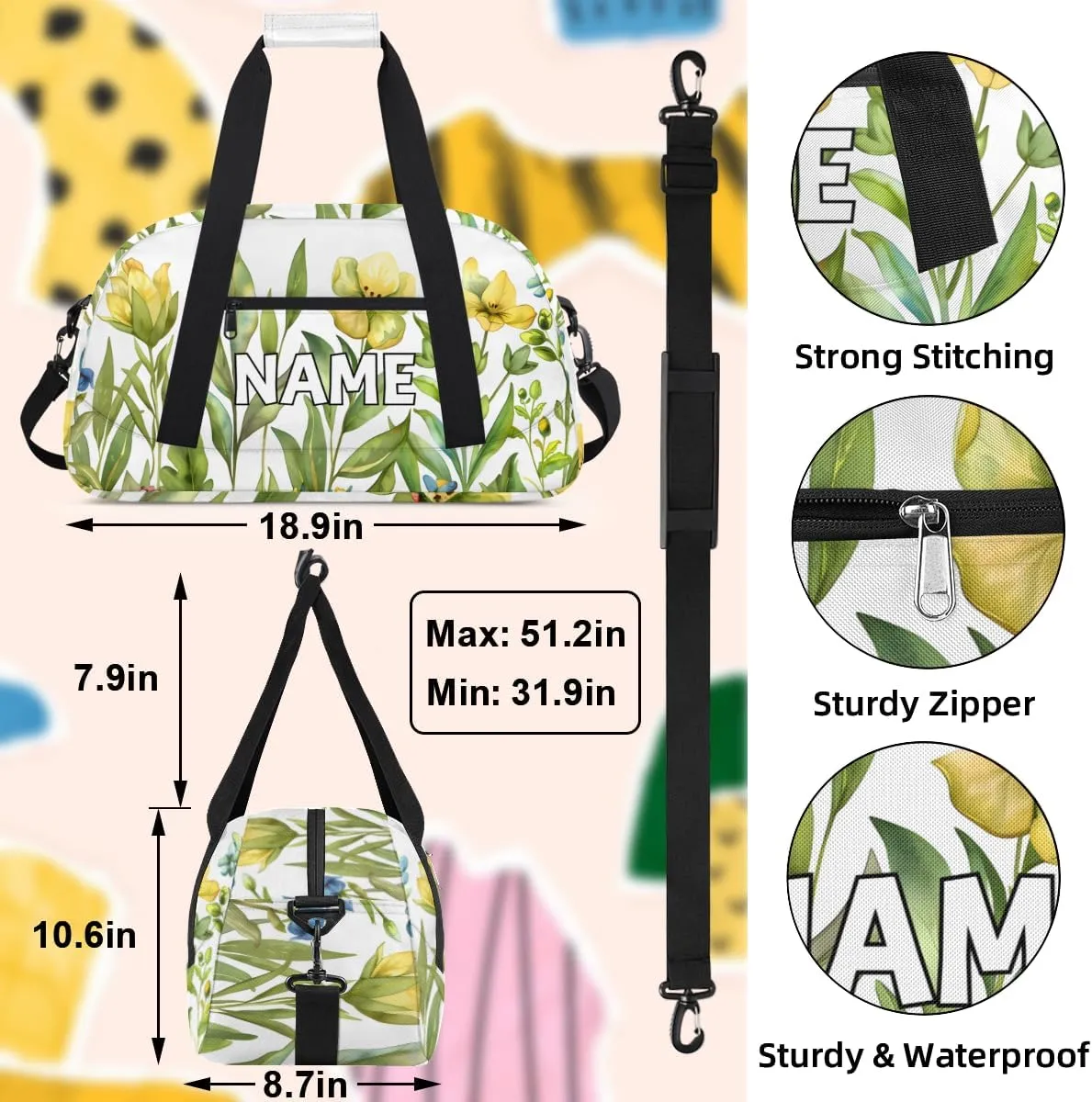 Personalized Custom Gym Bag for Women Men Carry on Spring Flora Travel Duffel Tote Wildflower Colorful Overnight Workout Weekender Bag