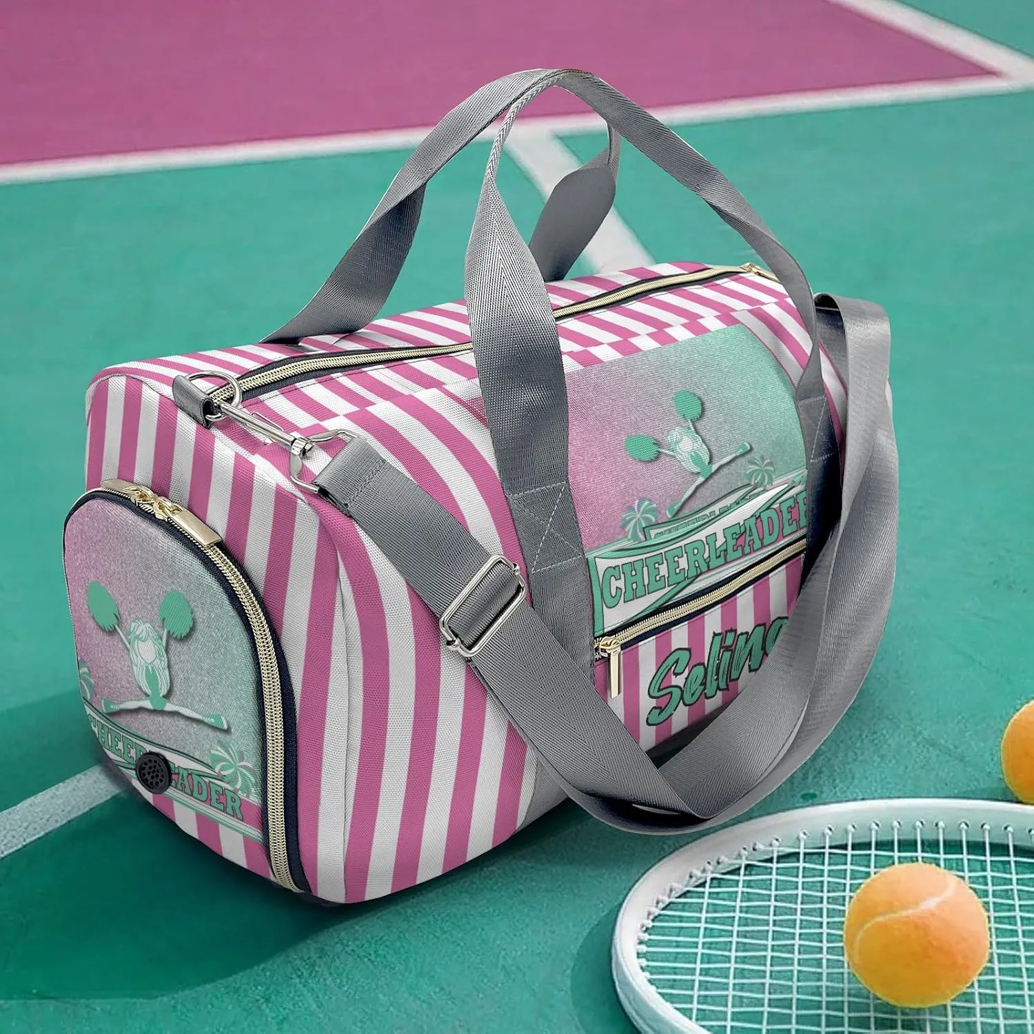 Personalized Duffel Bag Cheerleader Girl Green Pink Pom Pom Function Meets Fashion: Travel Bags for Fitness Journey