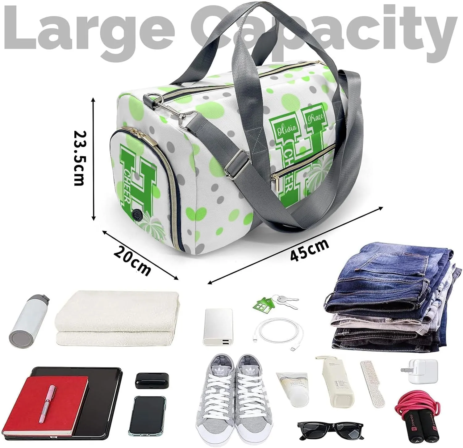 Personalized Duffel Bag Cheerleader Pom-pom Polka Dots Bow Function Meets Fashion: Travel Bags for Fitness Journey