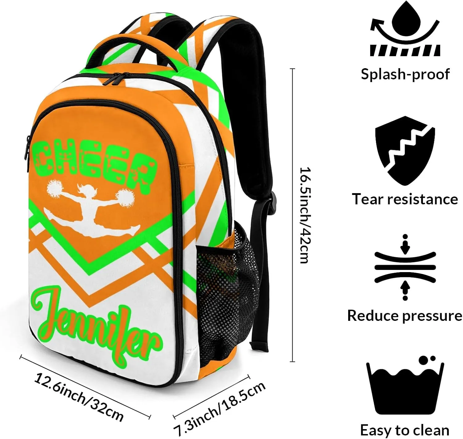 Personalized Name Cheerleaders Backpack Custom Name Large Capacity Shoulder Bags for Sports Party Cheer Pom Orange