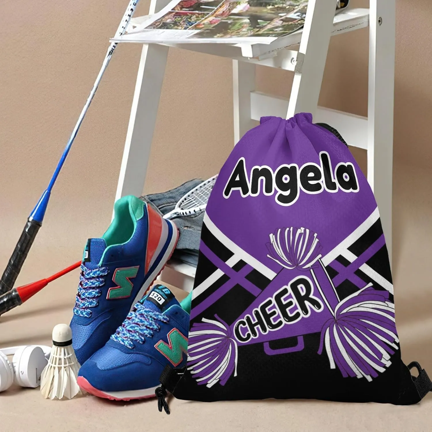 Personalized Name Drawstring Backpack Cheer Casual Waterproof Bag for Competition Swimming Gift Pom Cheerleader Purple