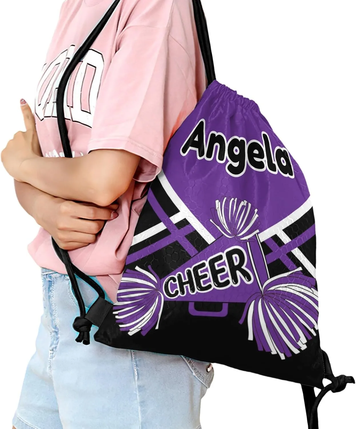 Personalized Name Drawstring Backpack Cheer Casual Waterproof Bag for Competition Swimming Gift Pom Cheerleader Purple