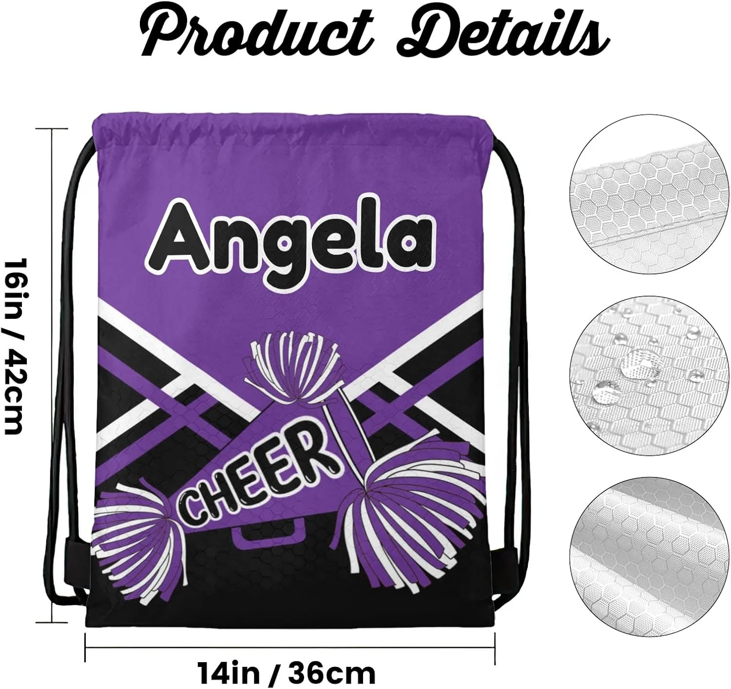 Personalized Name Drawstring Backpack Cheer Casual Waterproof Bag for Competition Swimming Gift Pom Cheerleader Purple