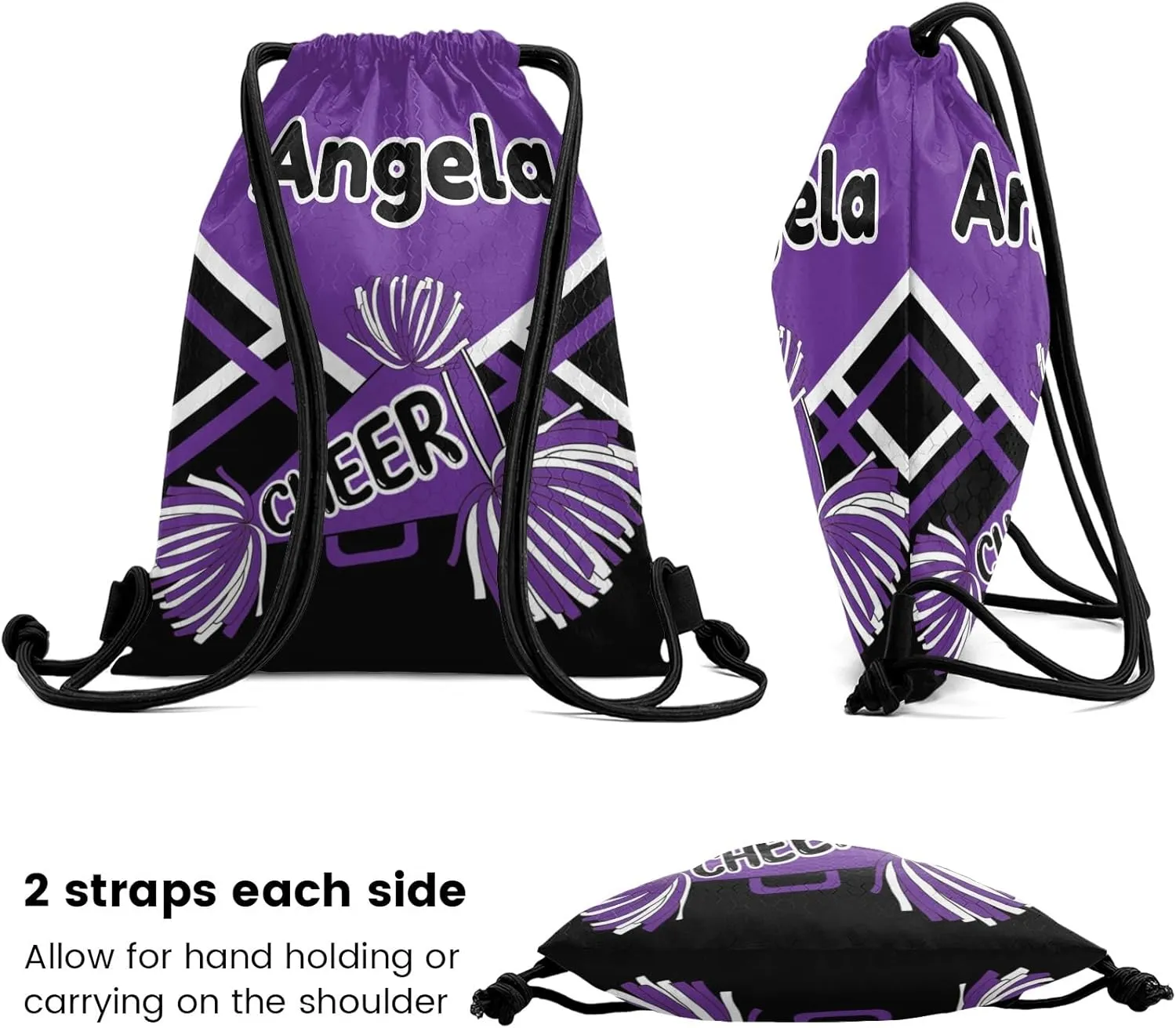 Personalized Name Drawstring Backpack Cheer Casual Waterproof Bag for Competition Swimming Gift Pom Cheerleader Purple