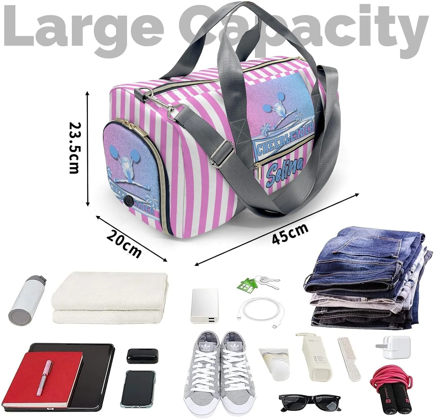 Personalized Name Duffel Bag Cheerleader Girl Pink Blue Pom Pom Ultimate Travel Bags: Your Companion for Every Adventure
