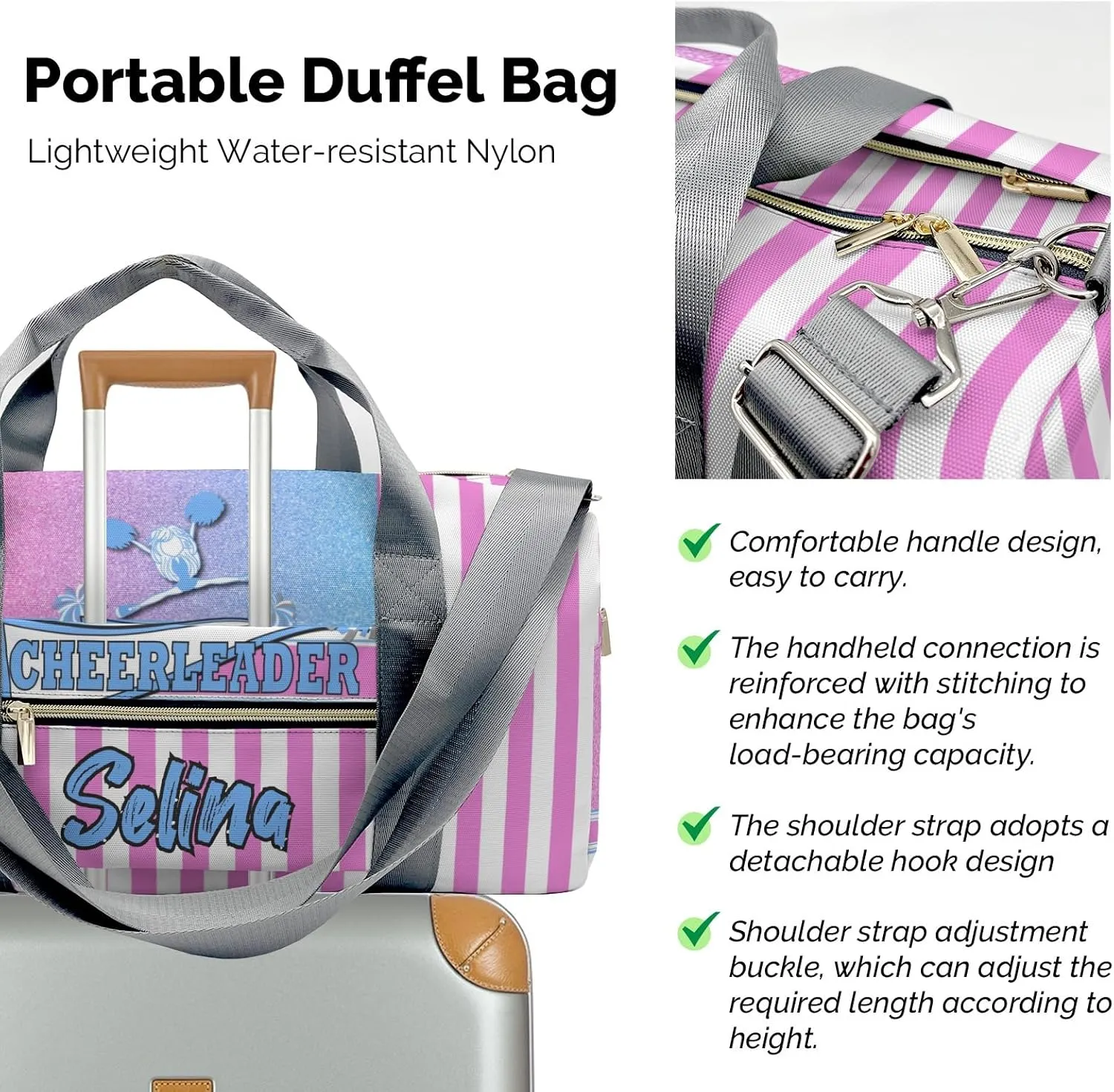 Personalized Name Duffel Bag Cheerleader Girl Pink Blue Pom Pom Ultimate Travel Bags: Your Companion for Every Adventure