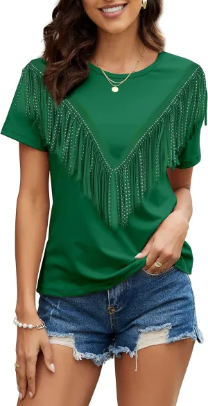 PESION Women's Fringe Trim Shirts Short Sleeve Tassel Trim Blouse T-Shirt Tops