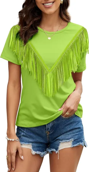 PESION Women's Fringe Trim Shirts Short Sleeve Tassel Trim Blouse T-Shirt Tops