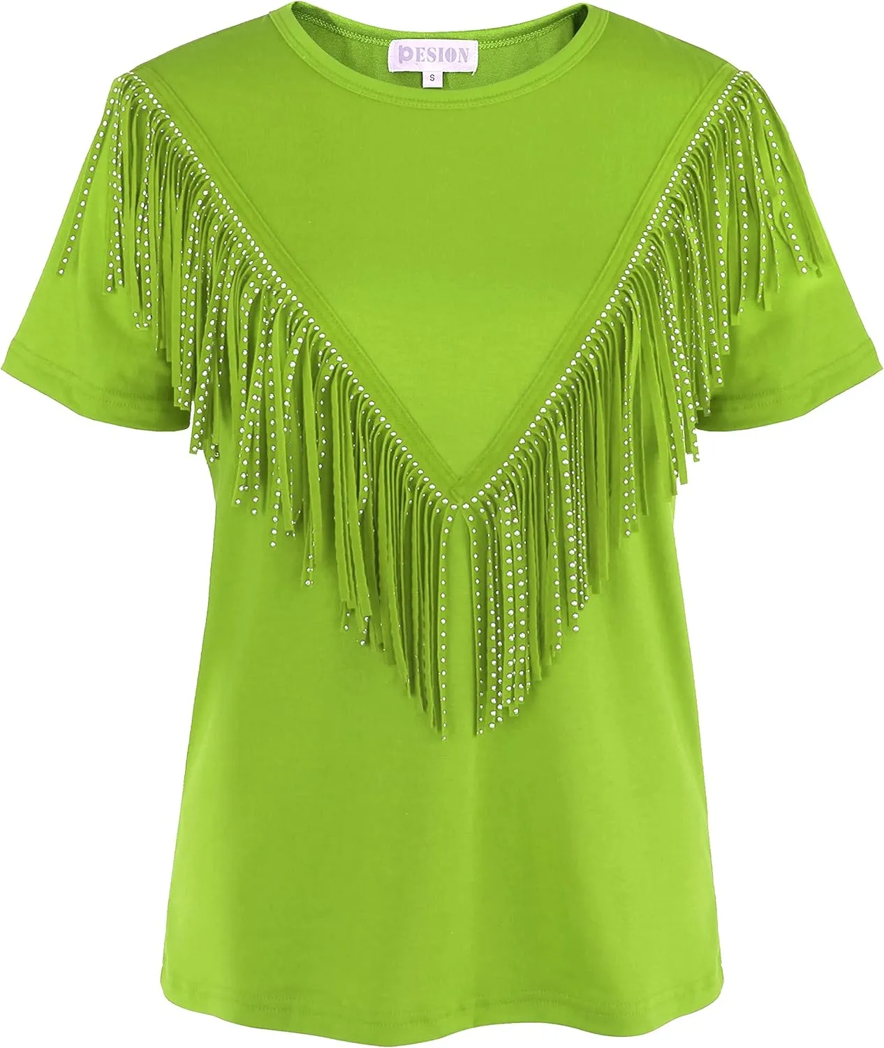 PESION Women's Fringe Trim Shirts Short Sleeve Tassel Trim Blouse T-Shirt Tops