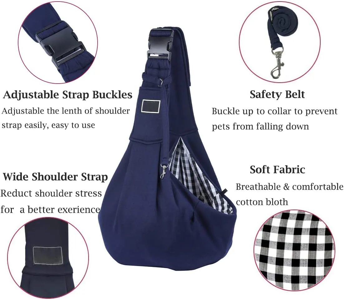 Pet Dog Sling Carrier, Adjustable Strap Hands Free Reversible Double-Sided Pouch Pet Papoose Bag Tote Bag with a Pocket Safety Belt Puppy Carrier Travel Bag Backpack for Small Dogs Cats Rabbits (Blue)