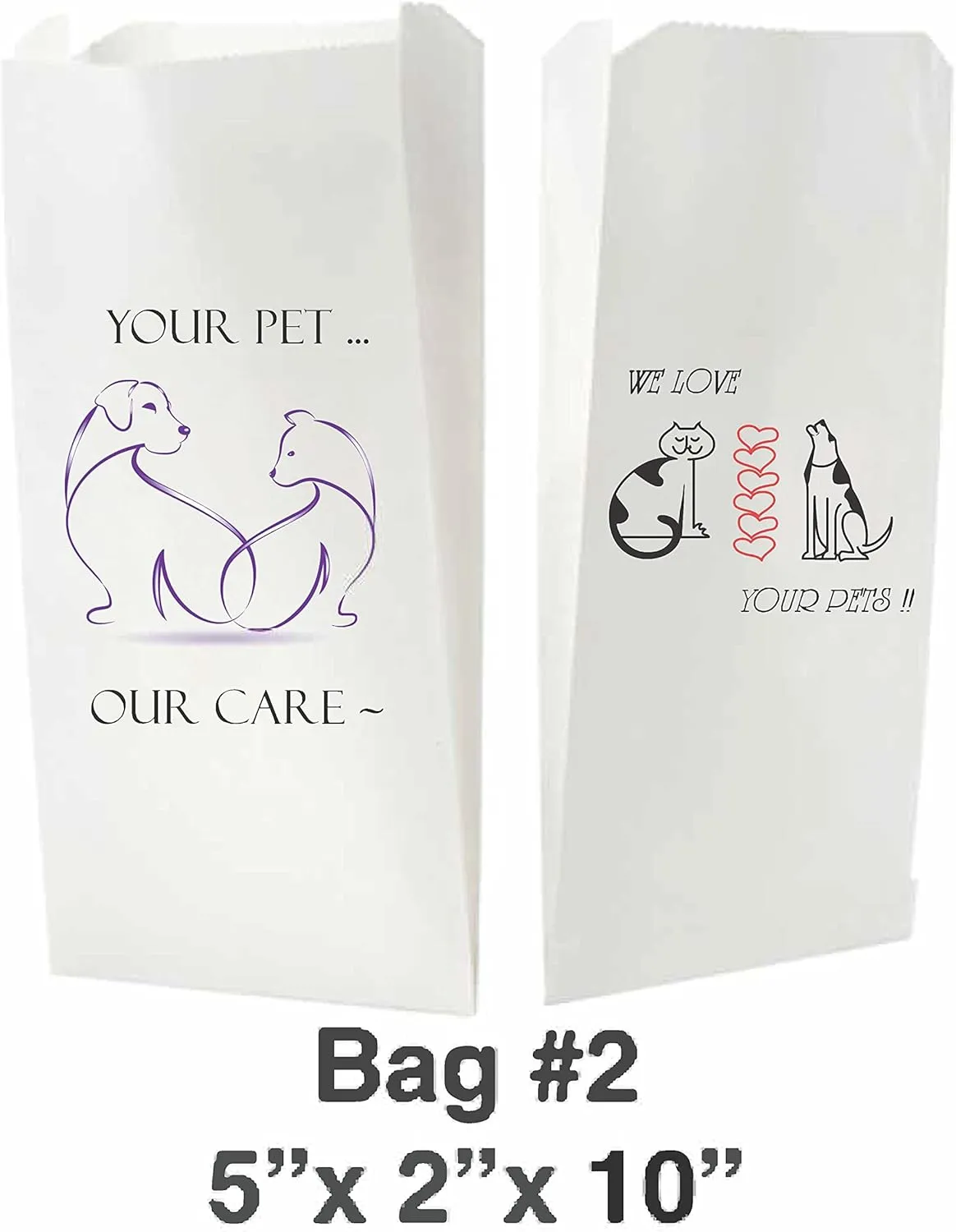 Pet Themed White Paper Prescription Bag W/Stock Logo "We Love Your Pets" — Veterinary Dog & Cat Print Paper Bags — Rx Vet Medication Medical Pharmacy Bags, Made in USA — 100 Ct, (Large, 5 X 2 X 10)