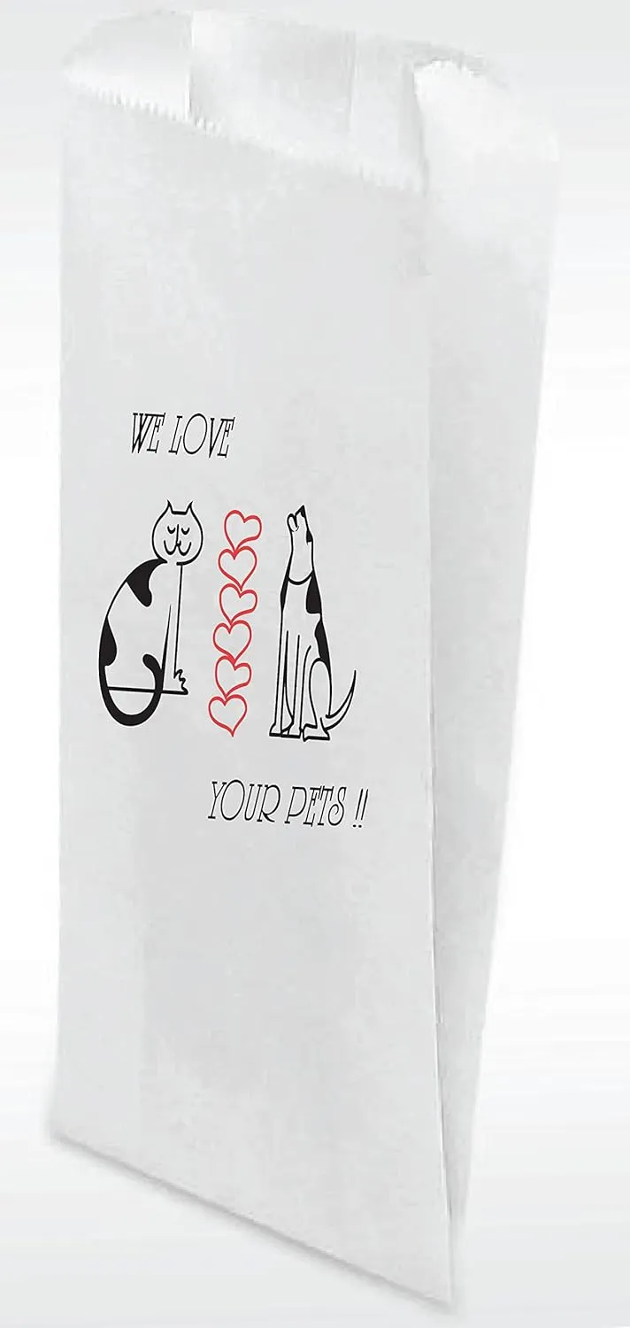 Pet Themed White Paper Prescription Bag W/Stock Logo "We Love Your Pets" — Veterinary Dog & Cat Print Paper Bags — Rx Vet Medication Medical Pharmacy Bags, Made in USA — 100 Ct, (Large, 5 X 2 X 10)