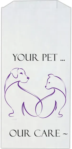 Pet Themed White Paper Prescription Bag W/Stock Logo "We Love Your Pets" — Veterinary Dog & Cat Print Paper Bags — Rx Vet Medication Medical Pharmacy Bags, Made in USA — 100 Ct, (Large, 5 X 2 X 10)