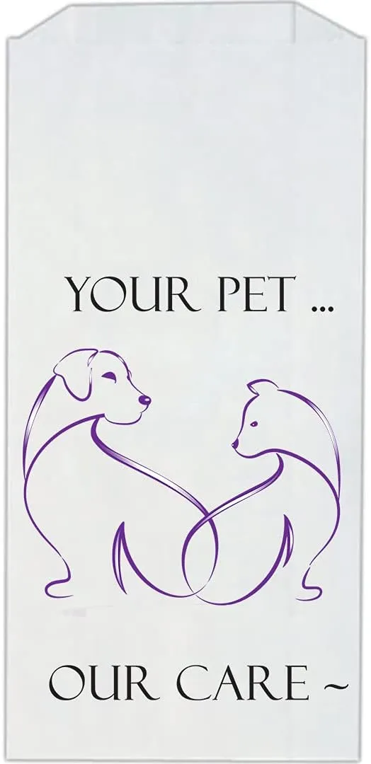 Pet Themed White Paper Prescription Bag W/Stock Logo "We Love Your Pets" — Veterinary Dog & Cat Print Paper Bags — Rx Vet Medication Medical Pharmacy Bags, Made in USA — 100 Ct, (Large, 5 X 2 X 10)