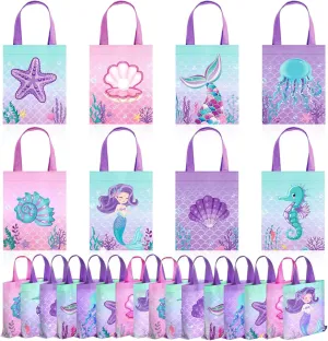 Photect 32 Pcs Mermaid Party Favor Bags Under the Sea Party Goodie Bags Marine Sea Animals Treat Bags Reusable Mermaid Theme Non Woven Tote Bags for Girls Birthday Ocean Party Baby Shower Supplies