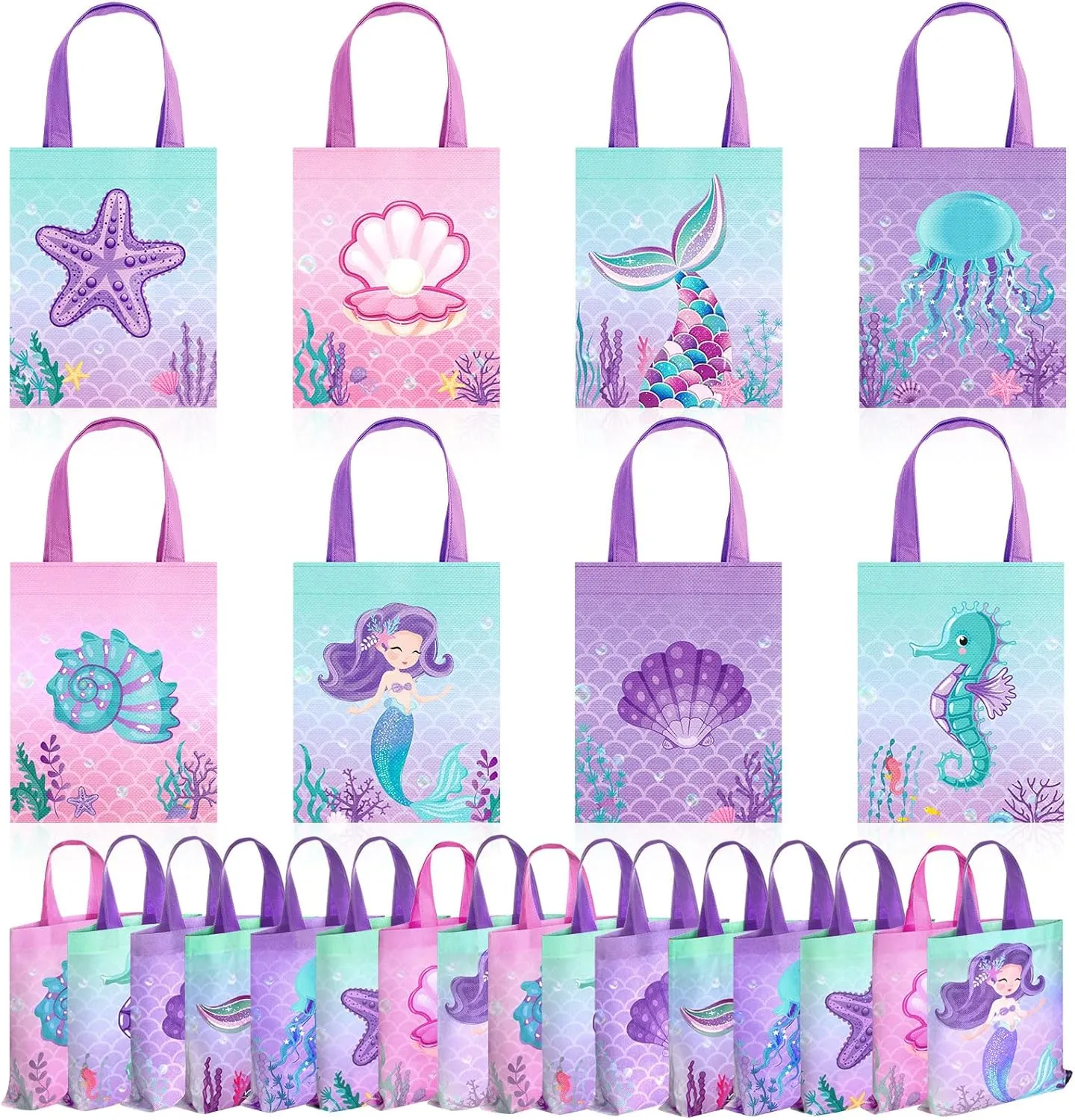 Photect 32 Pcs Mermaid Party Favor Bags Under the Sea Party Goodie Bags Marine Sea Animals Treat Bags Reusable Mermaid Theme Non Woven Tote Bags for Girls Birthday Ocean Party Baby Shower Supplies