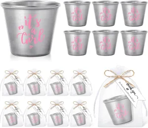 Pickmesh 50 Sets Baby Shower Favors for Guest Stainless Steel Shot Glasses with Thank You Tag Organza Bag Baby Arrival Theme Party Gift for Gender Reveal(Girl)
