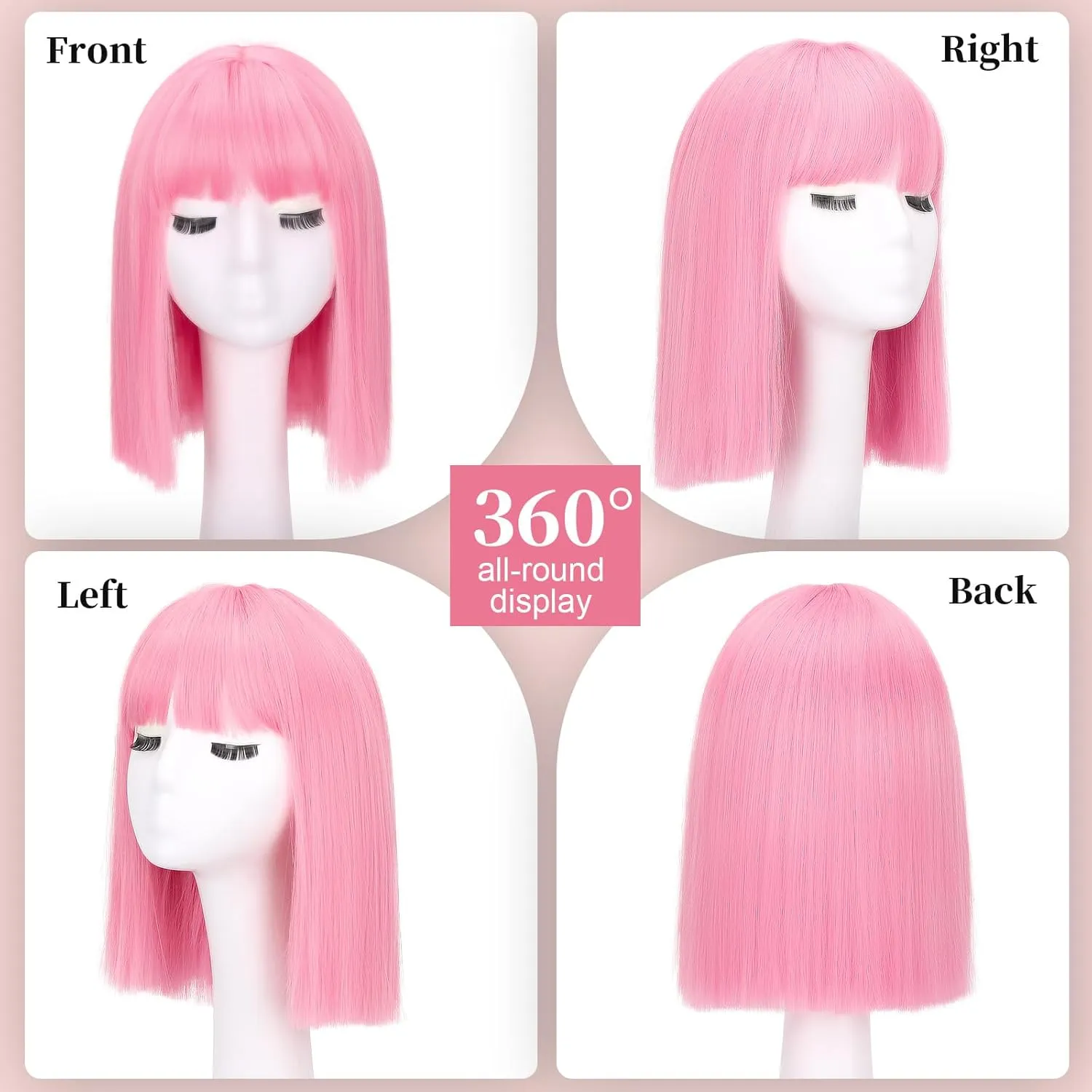 Pink Bob Wig With Bangs - Short Straight Bob Bangs Wig, 12Inch Heat Resistant Synthetic Hair, Natural Looking For Daily Party Use