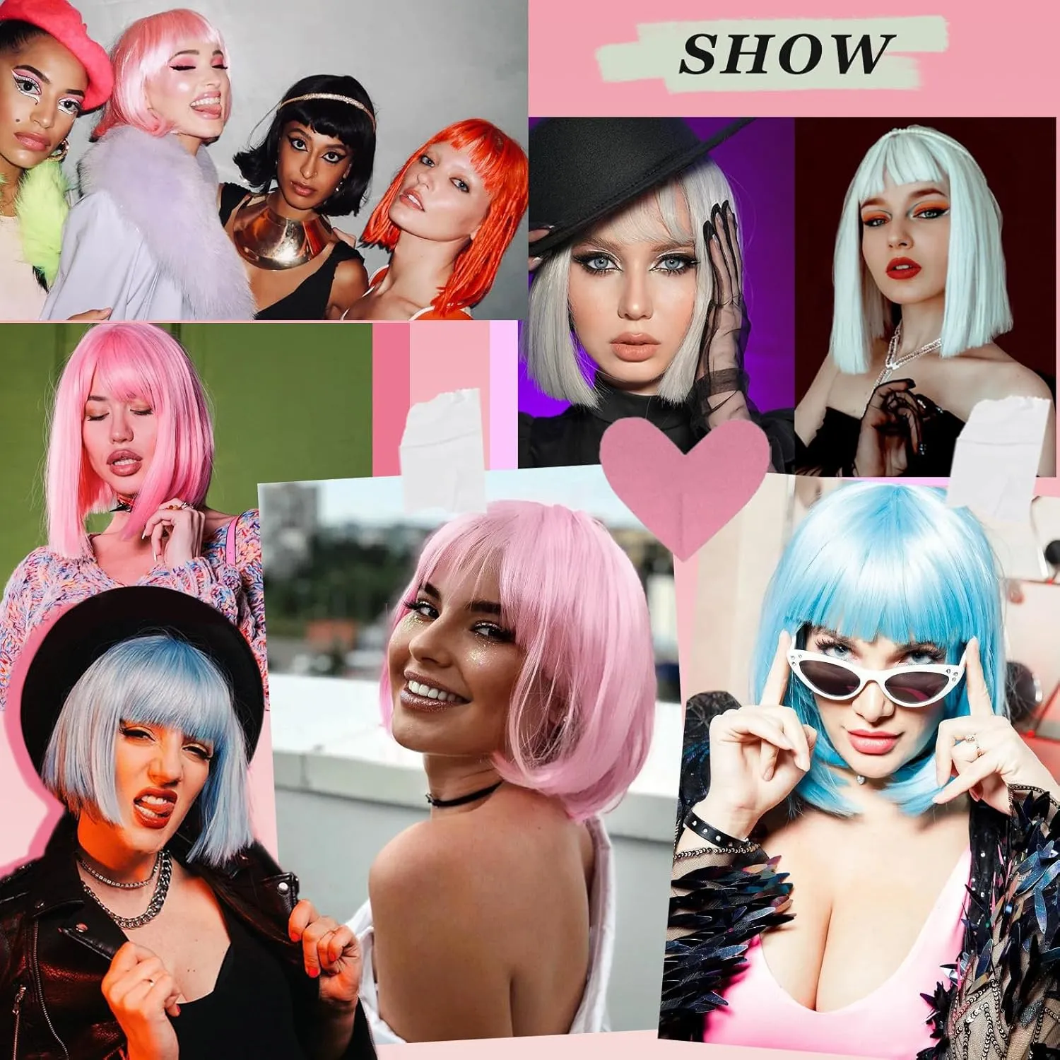 Pink Bob Wig With Bangs - Short Straight Bob Bangs Wig, 12Inch Heat Resistant Synthetic Hair, Natural Looking For Daily Party Use
