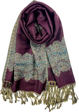 Plum Feathers Tapestry Ethnic Jacquard Paisley Pattern Pashmina Scarf