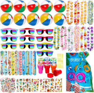 Pool Party Favors and Beach Toys for Kids, Summer Pool Toys for Kids, Luau Party Supplies with Beach Balls, Hawaiian Leis, Kids Sunglasses, More for Birthday Party Supplies End of Year Student Gifts