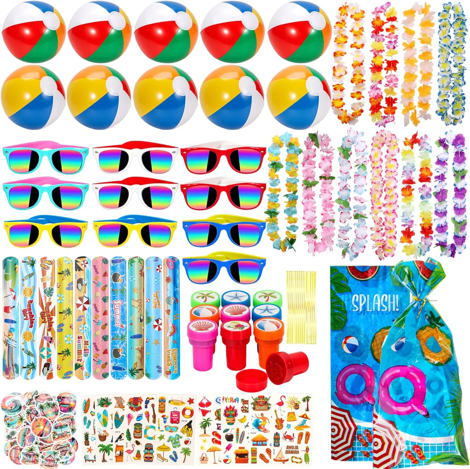 Pool Party Favors and Beach Toys for Kids, Summer Pool Toys for Kids, Luau Party Supplies with Beach Balls, Hawaiian Leis, Kids Sunglasses, More for Birthday Party Supplies End of Year Student Gifts